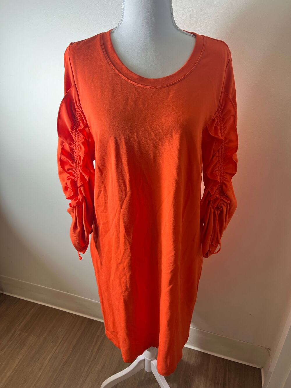 Kobi Halperin Orange Half Scrunched Sleeves Midi Shift Dress Sz L